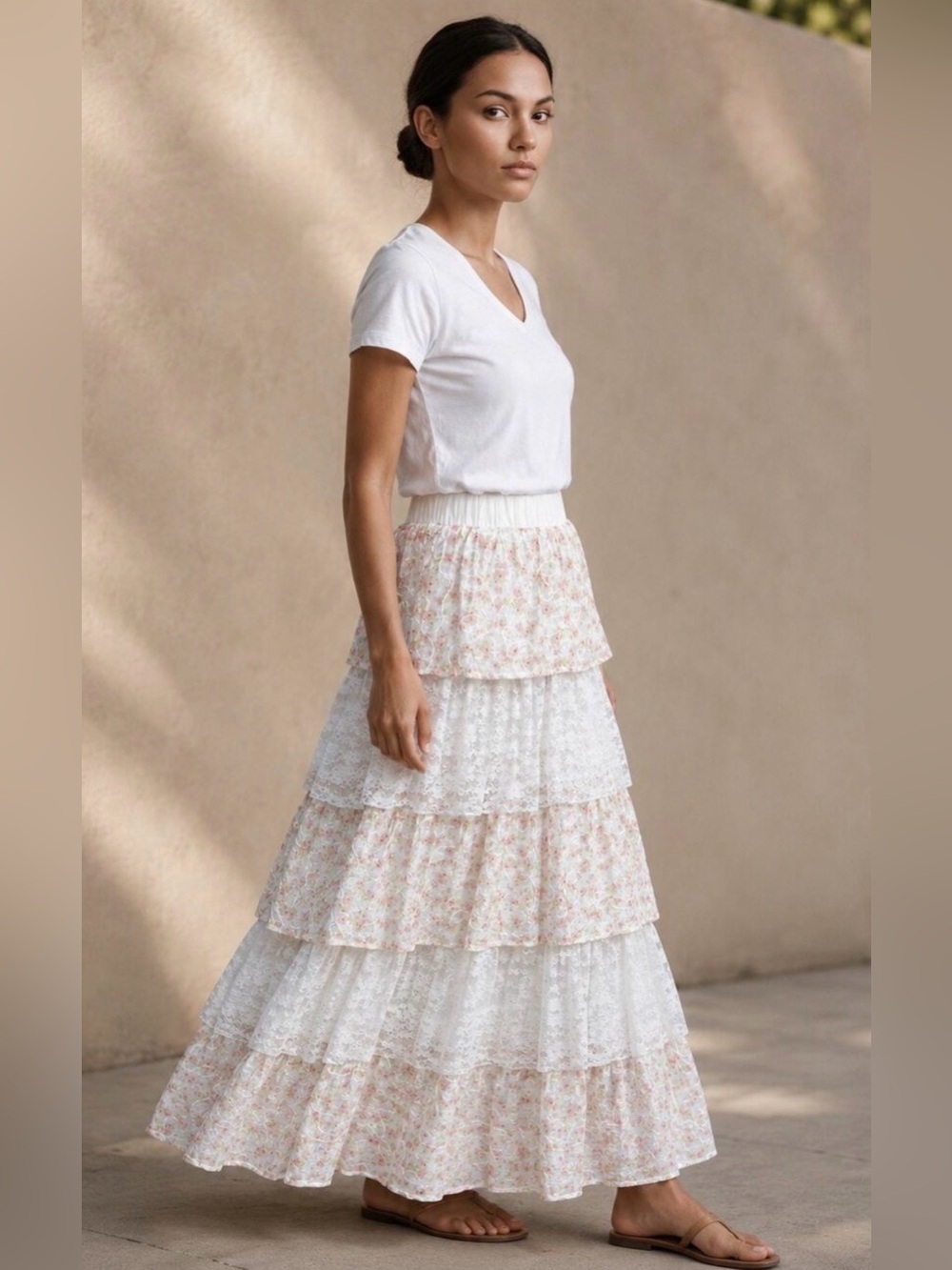 Rosie Posie Tiered Lace Floral Maxi Skirt Cotton Blend Boho NWT Small Elastic